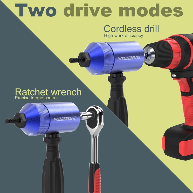 WelderElite Store Rivet Nut Drill Adapter Kit - Dual Drive Modes: Drill/Ratchet, with 270pcs Nuts & 36pcs Mandrels (Blue) - Image 3